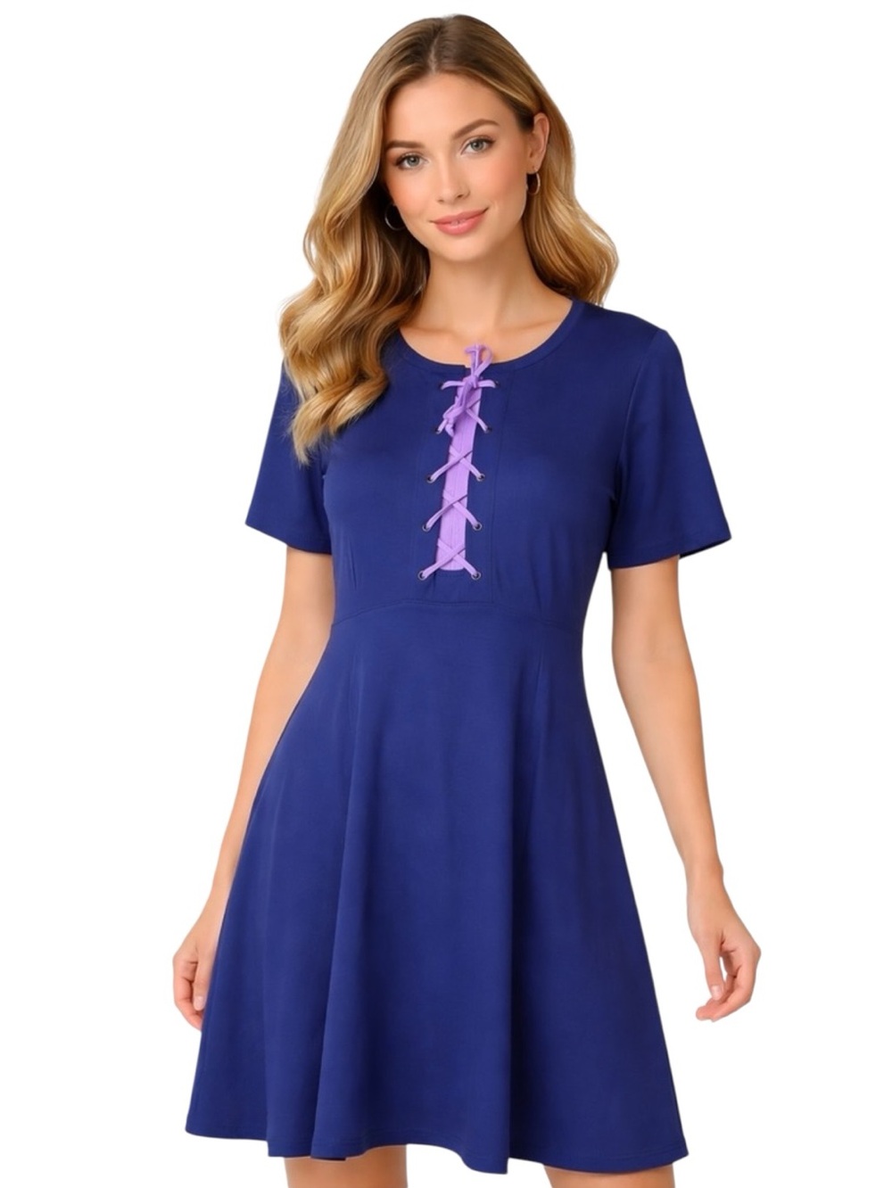 MAEVE by Anthropologie Navy Lace-Up Fit Flare Dress Sz SP Purple Ties